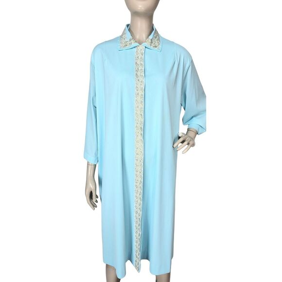 Vintage 50s/60s Lane Bryant Blue Metallic Gold Trim Snap Front Peignoir Robe XXL - Picture 3 of 9